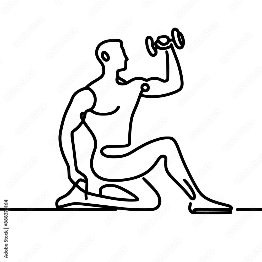one line vector drawing of an athletic man doing a dumbbell exercise while sitting on the floor, showing the simplicity and elegance of minimalist art one line vector drawing of an athletic man doing a dumbbell exercise while sitting on the floor, showing the simplicity and elegance of minimalist art