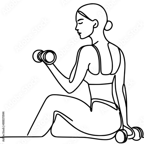 Simple one line vector drawing of a girl, woman doing fitness, seated curl with dumbbells