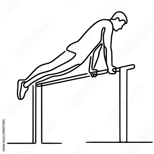 single line vector drawing of a man performing a parallel bars exercise demonstrating strength and balance
