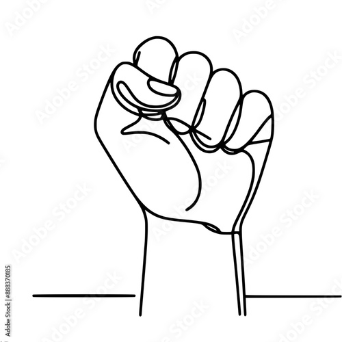 simple single line 
 vector drawing of a clenched male fist raised in the air, which symbolizes strength, power, unity or resistance