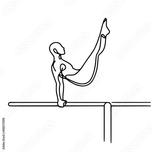 single line vector drawing of a man doing push-ups on parallel bars with his feet up, showing strength and balance