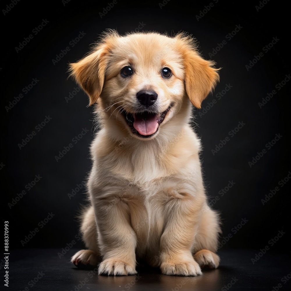 Happy Puppy Sitting on Black Background. Generative AI Happy Puppy Sitting on Black Background. Generative AI