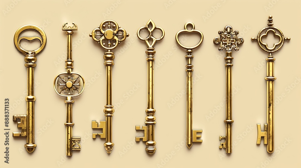 A realistic vector group of antique gold keys against a pale yellow backdrop A realistic vector group of antique gold keys against a pale yellow backdrop