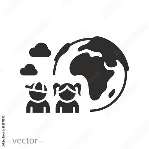 international kids community icon, world children day, united child group, family care on the earth planet, friends girl and boy, diverse races together, flat vector illustration