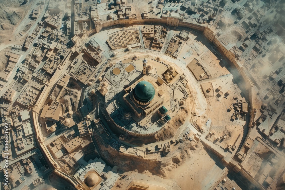 Circular, historic, domed structure., aerial view of the city of Madinin high definition showcasing the fine details of architecture Circular, historic, domed structure., aerial view of the city of Madinin high definition showcasing the fine details of architecture