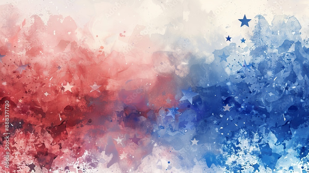 Obraz premium A vibrant watercolor background showcases a smooth blend of red and blue hues, elegantly highlighted by scattered white star accents for a striking appearance.