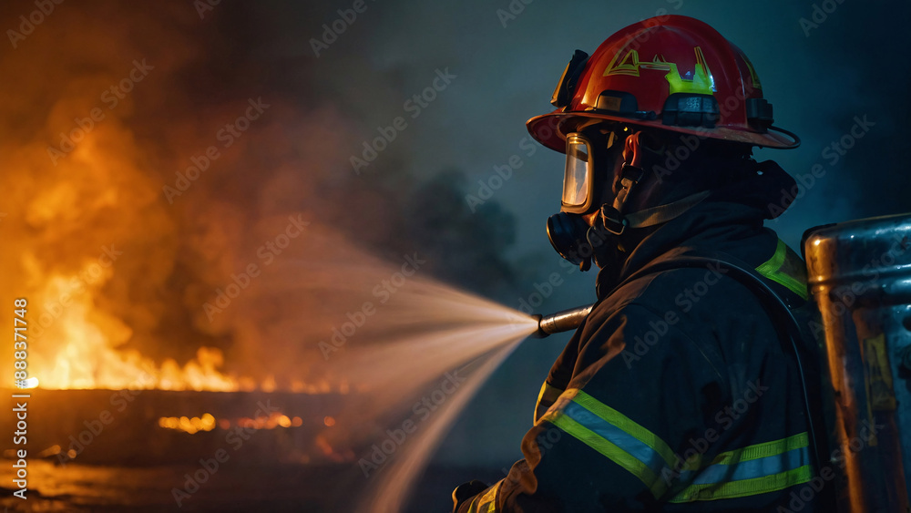 Firefighter in full gear battles a blazing fire at night, bravery and dedication Firefighter in full gear battles a blazing fire at night, bravery and dedication