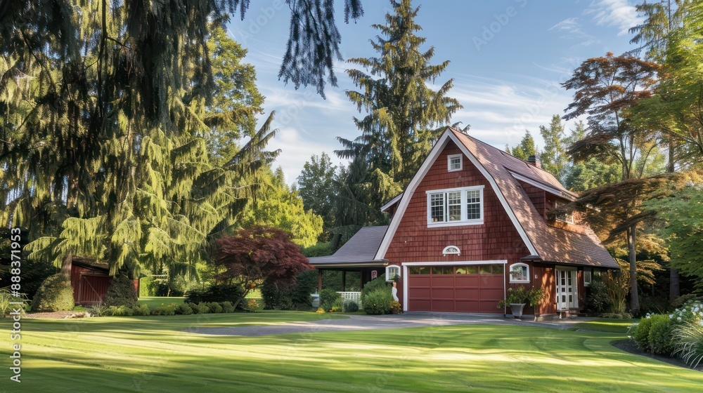 suburban farmhouse with a classic red barn-style garage, surrounded by mature trees and a neatly manicured lawn suburban farmhouse with a classic red barn-style garage, surrounded by mature trees and a neatly manicured lawn