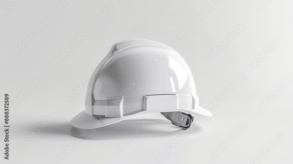 Fototapeta premium An angled front view of a white hard hat, highlighting its durable and reflective surface, suitable for construction and safety purposes in various environments.