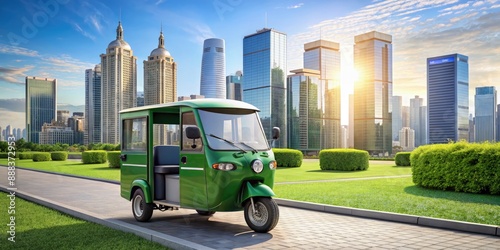 Green Auto Rickshaw Driving Through Modern City Park. Generative AI photo