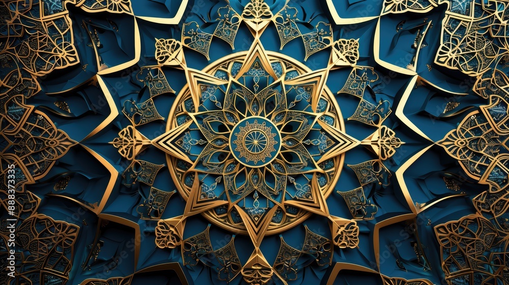 a blue and yellow wall with a decorative design, image showcasing intricate Islamic geometrical patterns for Ramadan a blue and yellow wall with a decorative design, image showcasing intricate Islamic geometrical patterns for Ramadan