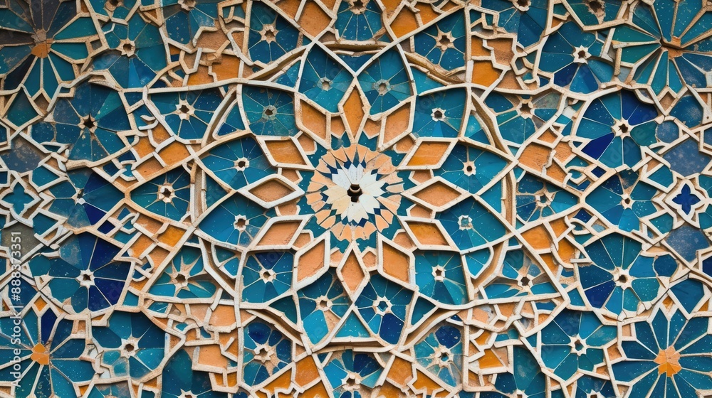 a blue and yellow wall with a decorative design, image showcasing intricate Islamic geometrical patterns for Ramadan a blue and yellow wall with a decorative design, image showcasing intricate Islamic geometrical patterns for Ramadan
