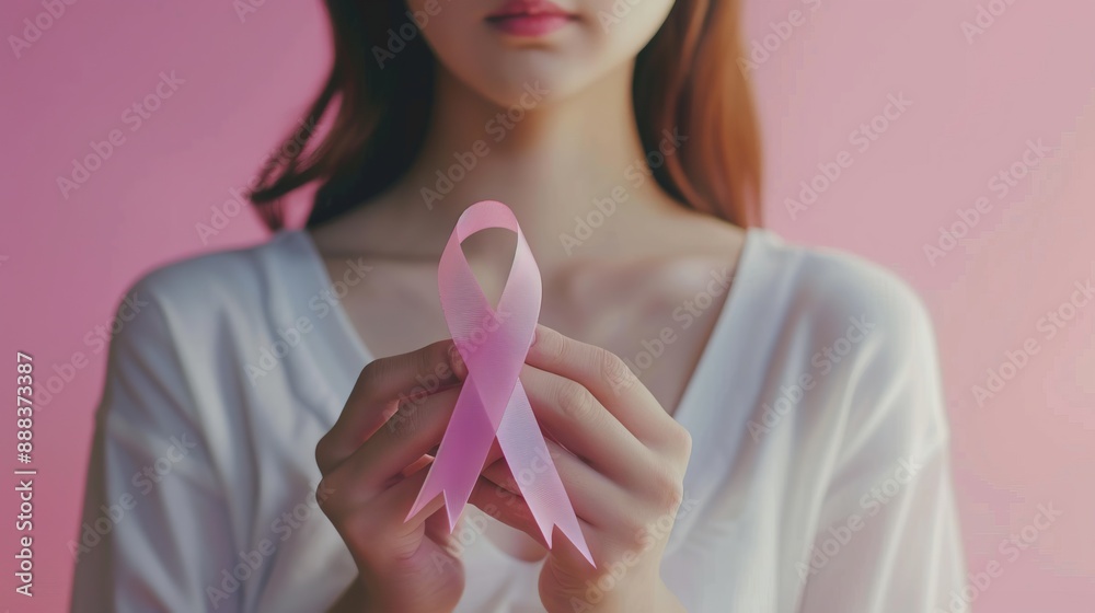 A young woman in a white shirt holding a pink ribbon, representing breast cancer awareness and support, with a soft pink background, symbolizing hope and solidarity. A young woman in a white shirt holding a pink ribbon, representing breast cancer awareness and support, with a soft pink background, symbolizing hope and solidarity.