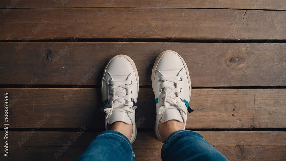 Selfie of feet in fashion sneakers on wooden floor background, top view with copy space Selfie of feet in fashion sneakers on wooden floor background, top view with copy space