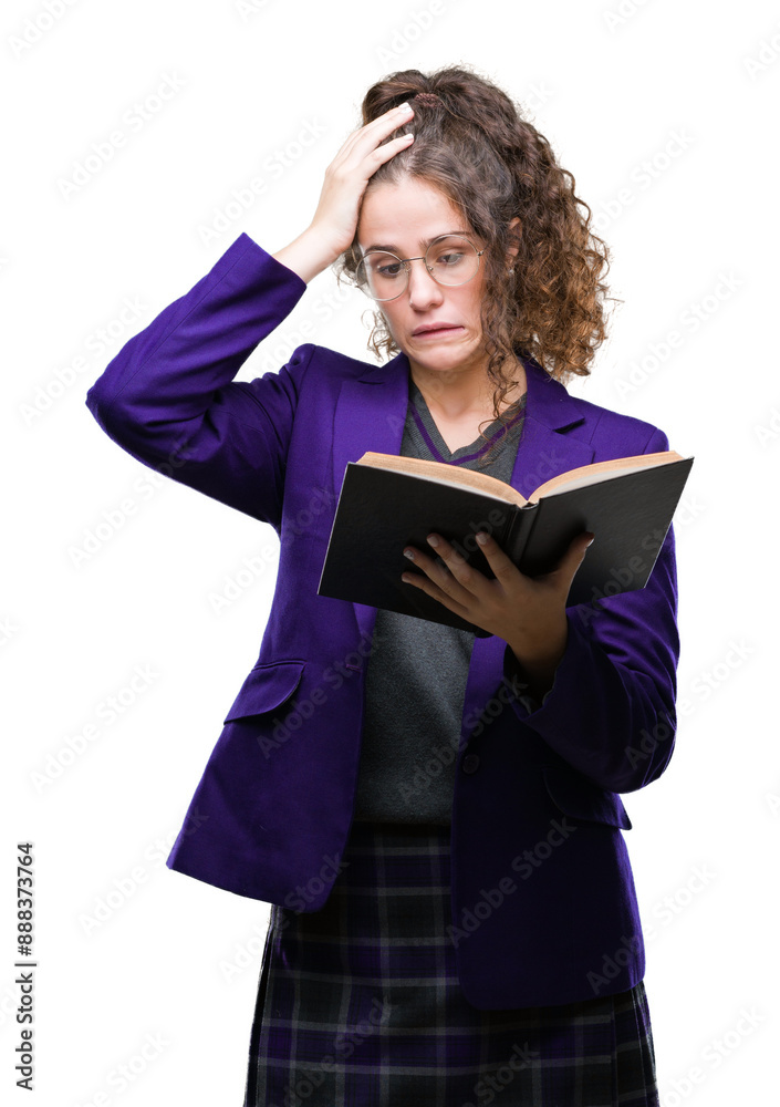 Young brunette student girl wearing school uniform reading a book over isolated background stressed with hand on head, shocked with shame and surprise face, angry and frustrated. Fear and upset Young brunette student girl wearing school uniform reading a book over isolated background stressed with hand on head, shocked with shame and surprise face, angry and frustrated. Fear and upset