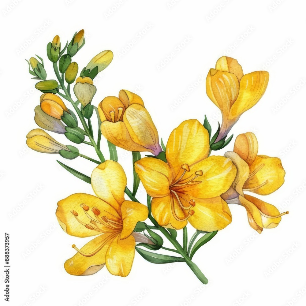 Obraz premium a chibi freesia, watercolor illustration, vibrant yellows, isolated on white background