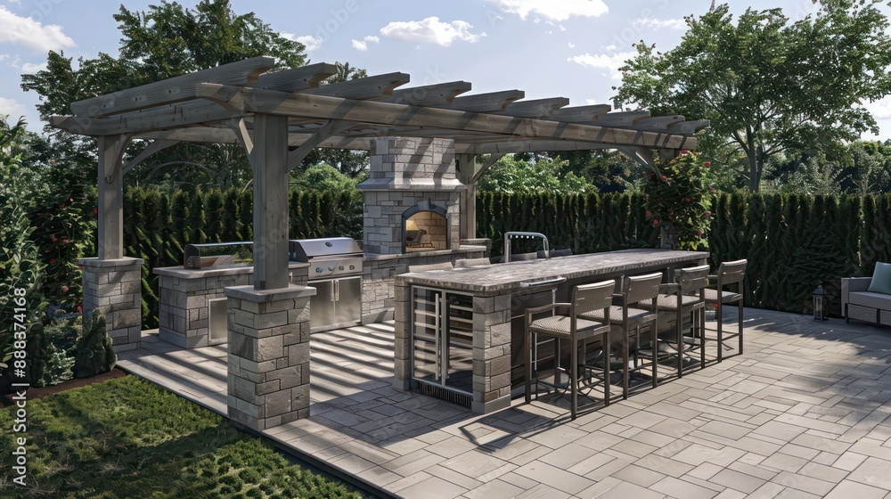 suburban farmhouse featuring an elaborate outdoor barbecue area with a built-in grill, refrigerator, and bar seating under a pergola suburban farmhouse featuring an elaborate outdoor barbecue area with a built-in grill, refrigerator, and bar seating under a pergola