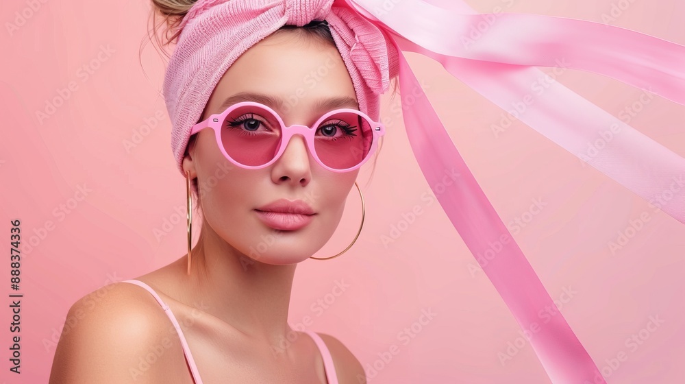Young woman with pink sunglasses and a matching headband posing with confidence. The background is also in shades of pink, creating a fashion-forward, monochromatic theme. Young woman with pink sunglasses and a matching headband posing with confidence. The background is also in shades of pink, creating a fashion-forward, monochromatic theme.