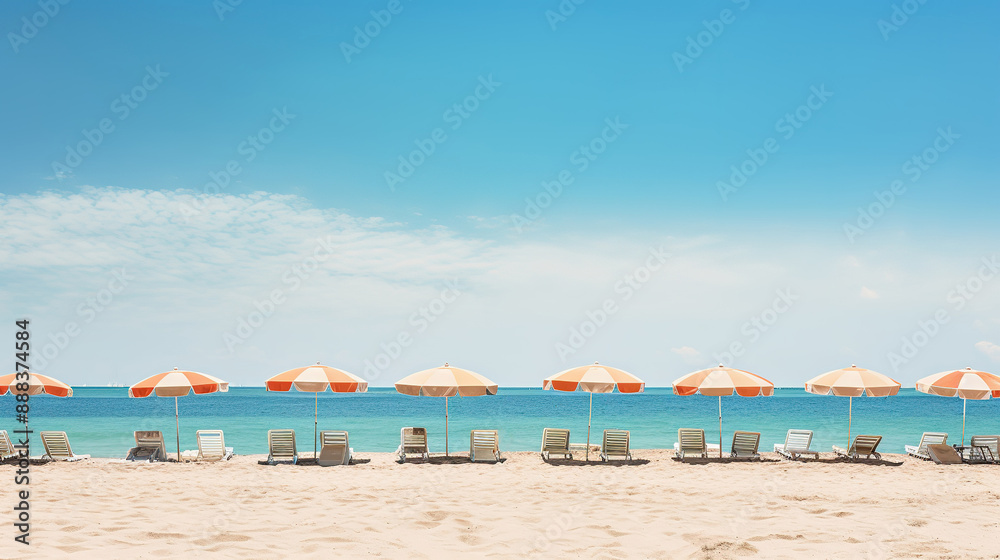 Sunny beach landscape with colorful umbrellas and lounging chairs Sunny beach landscape with colorful umbrellas and lounging chairs