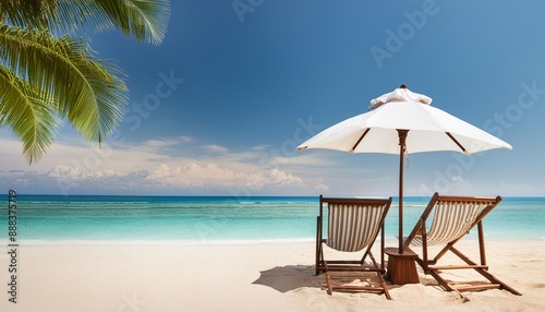 chairs and umbrella in tropical beach seascape banner