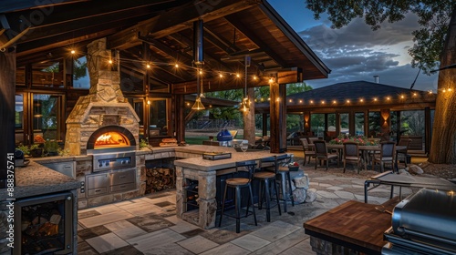 rustic suburban farmhouse with a covered outdoor kitchen, complete with a wood-fired pizza oven, stone countertops, and a dining area under twinkling lights photo