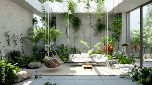 A trendy patio inside has a lounge swing flanked by plants