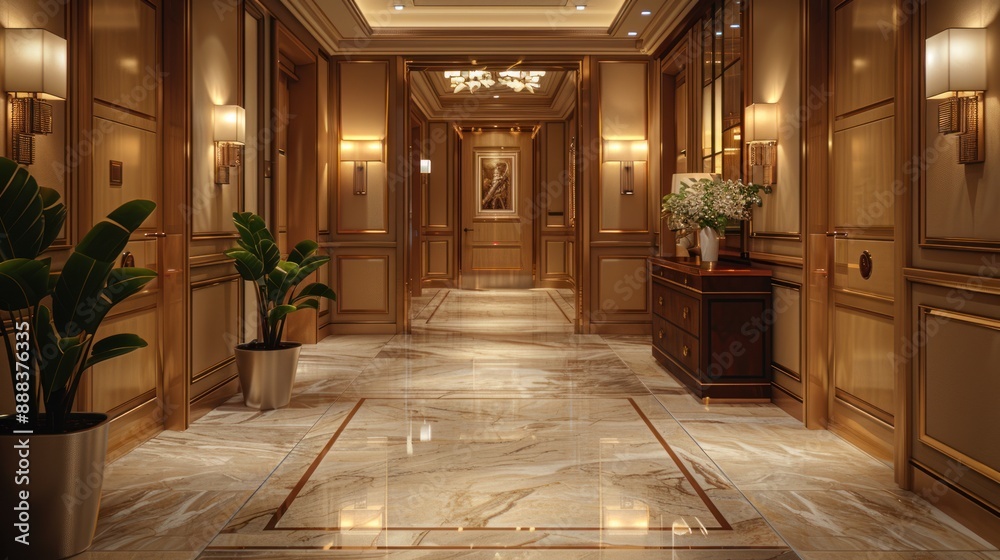 Luxurious Hotel Corridor with Gold Accents and Marble Flooring Luxurious Hotel Corridor with Gold Accents and Marble Flooring