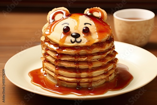 a plate with a stack of pancakes with syrup on it, stack of pancakes shaped like adorable animals, drizzled with syrup photo