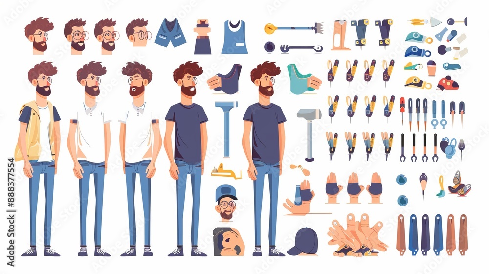 Obraz premium This image features a variety of modern, illustrated characters equipped with tools and accessories, displaying various professions and activities related to construction and repair.