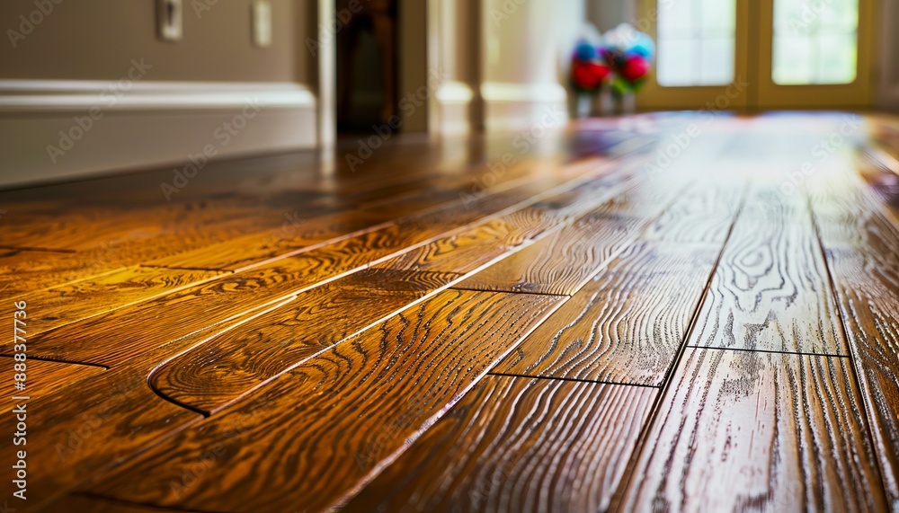 A close up of a wooden floor with light shining on it.