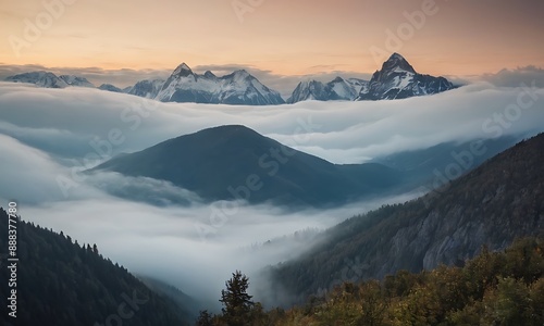 mountain range enveloped in fog, with peaks just visible through the mist.