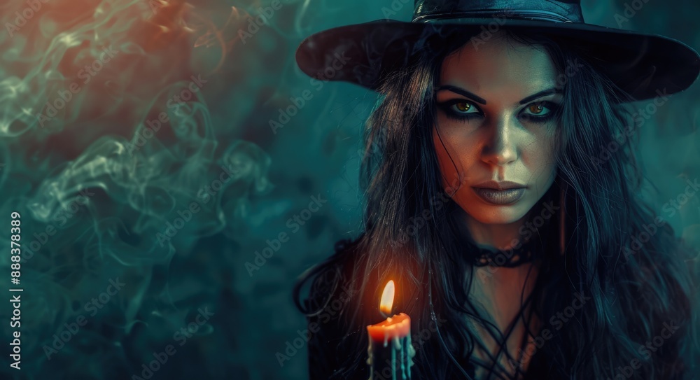 Goth Witch. Woman Sorcerer on Dark Halloween Background with Candle Light Goth Witch. Woman Sorcerer on Dark Halloween Background with Candle Light