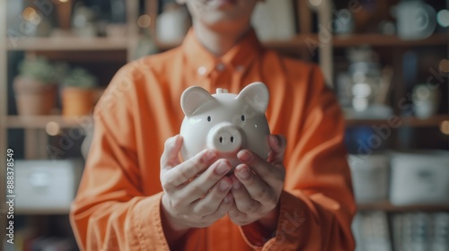 The hands holding piggy bank photo