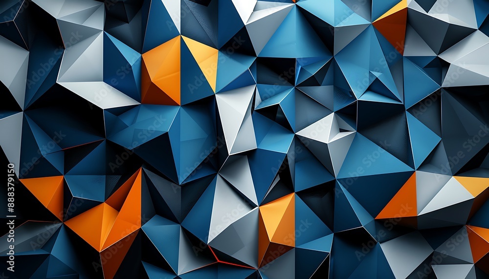 Abstract low poly geometric wallpaper with blue, orange, and white shapes on a dark background. 3D rendering with high detail. Abstract low poly geometric wallpaper with blue, orange, and white shapes on a dark background. 3D rendering with high detail.