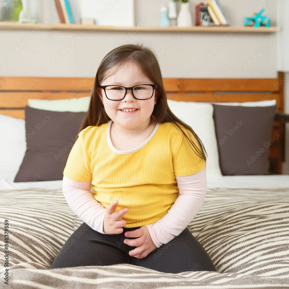 Obraz premium Girl with down syndrome, disability, playing in bedroom.