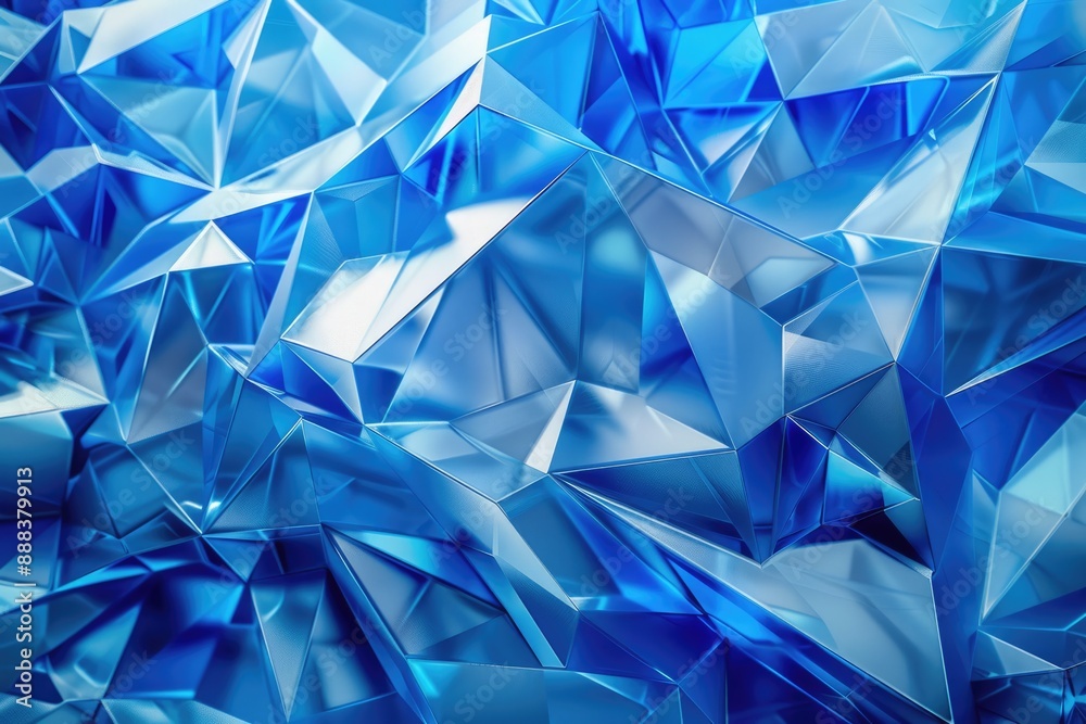 Blue Prism Background. Polyhedral Geometry with Triangular Figures in Spacial Design Blue Prism Background. Polyhedral Geometry with Triangular Figures in Spacial Design