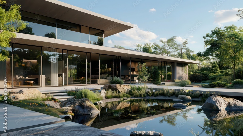 modern suburban farmhouse with a sleek, angular design, featuring large panoramic windows that overlook a natural pond and landscaped garden modern suburban farmhouse with a sleek, angular design, featuring large panoramic windows that overlook a natural pond and landscaped garden