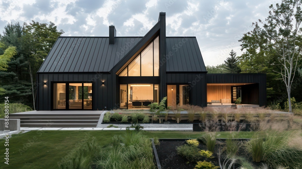 modern suburban farmhouse featuring a sleek black exterior, contrasted by natural wood accents and minimalist landscaping modern suburban farmhouse featuring a sleek black exterior, contrasted by natural wood accents and minimalist landscaping