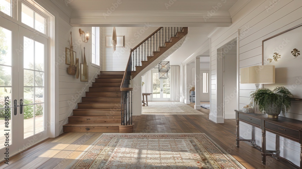 modern suburban farmhouse foyer with a grand wooden staircase and a vintage-style rug leading to bright, airy rooms modern suburban farmhouse foyer with a grand wooden staircase and a vintage-style rug leading to bright, airy rooms