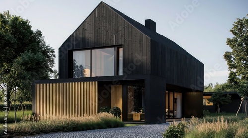 Wallpaper Mural modern suburban farmhouse with a minimalist design, featuring an all-black exterior, geometric lines, and a contrasting natural wood door Torontodigital.ca