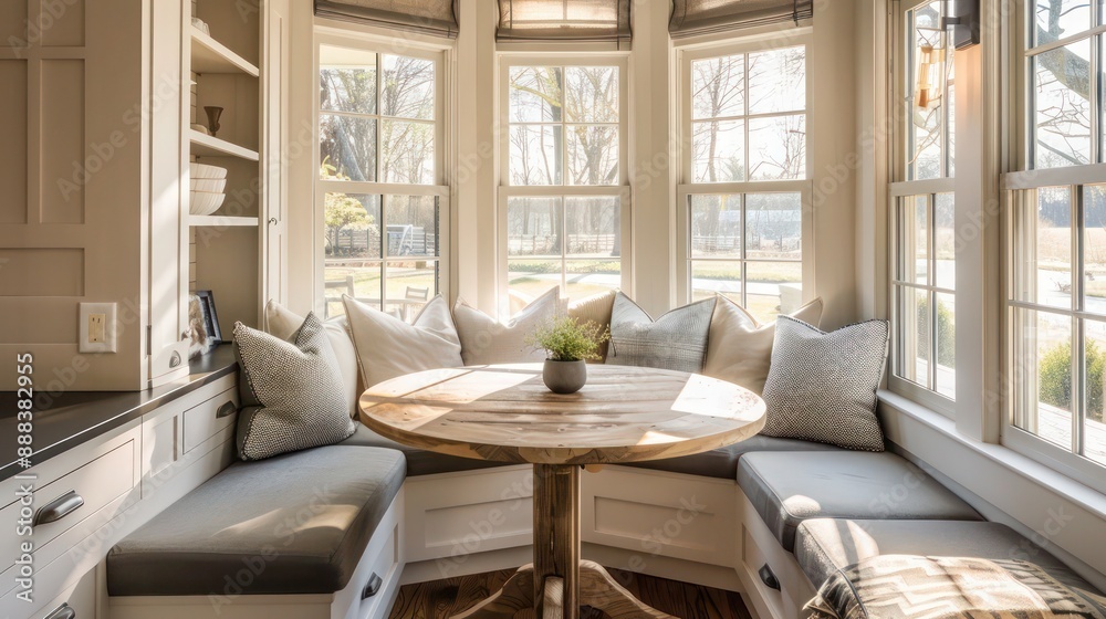 © Salman - cozy suburban farmhouse breakfast nook with built-in seating, a round table, and light streaming in through bay windows