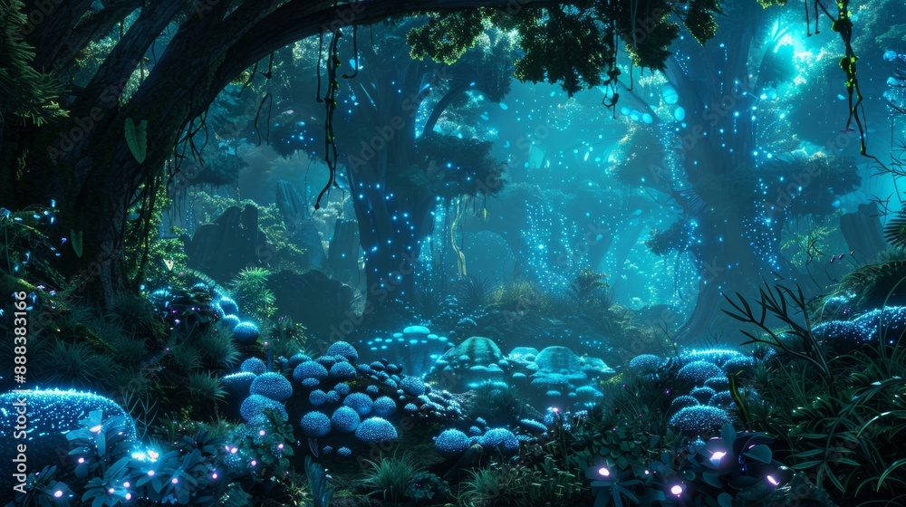 Fototapeta premium A forest with glowing plants and trees