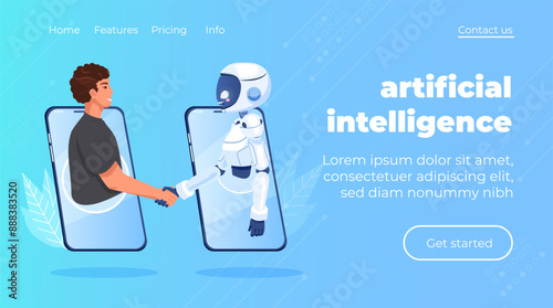 Man and robot shaking hands full growth Partnership between man humanoid robots Online collaboration between human artificial intelligence Contract with cyborg future machine Artificial intelligence