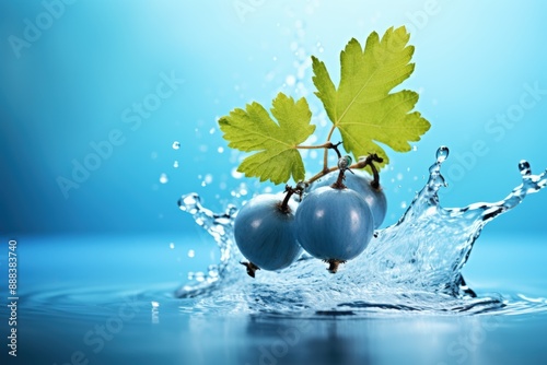 Blueberries Droplets Splashing in Water with Green Leaves photo