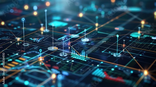 bstract financial network showing interconnected nodes representing different corporate divisions and their financial links