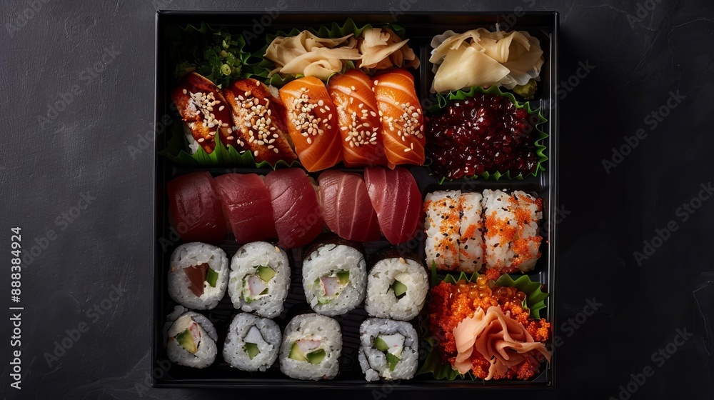 Assorted sushi bento box with various sushi rolls, slices of sashimi, and pickled ginger on a dark background. Assorted sushi bento box with various sushi rolls, slices of sashimi, and pickled ginger on a dark background.