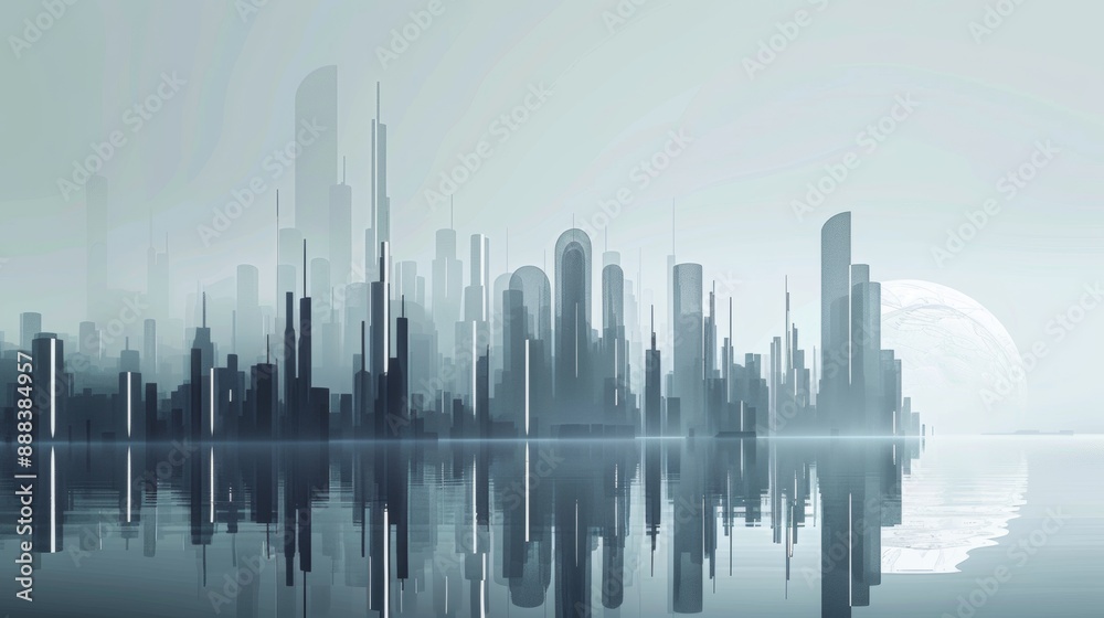 A city skyline is reflected in the water, with a large moon in the background A city skyline is reflected in the water, with a large moon in the background