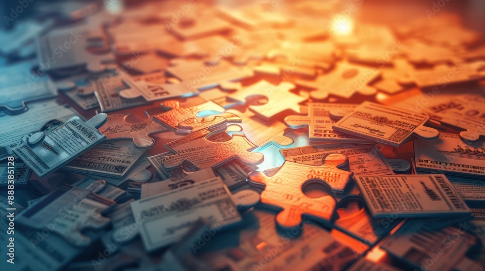abstract financial puzzle, with pieces made of stock certificates and bond papers coming together over a glowing table abstract financial puzzle, with pieces made of stock certificates and bond papers coming together over a glowing table