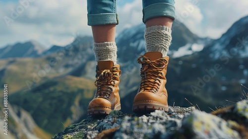 Female legs in hiking boots on mountain peak trekking. © Vibu design  gallery