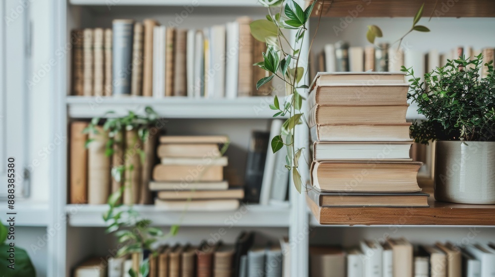 Fototapeta premium A bookcase with many books and a plant on top